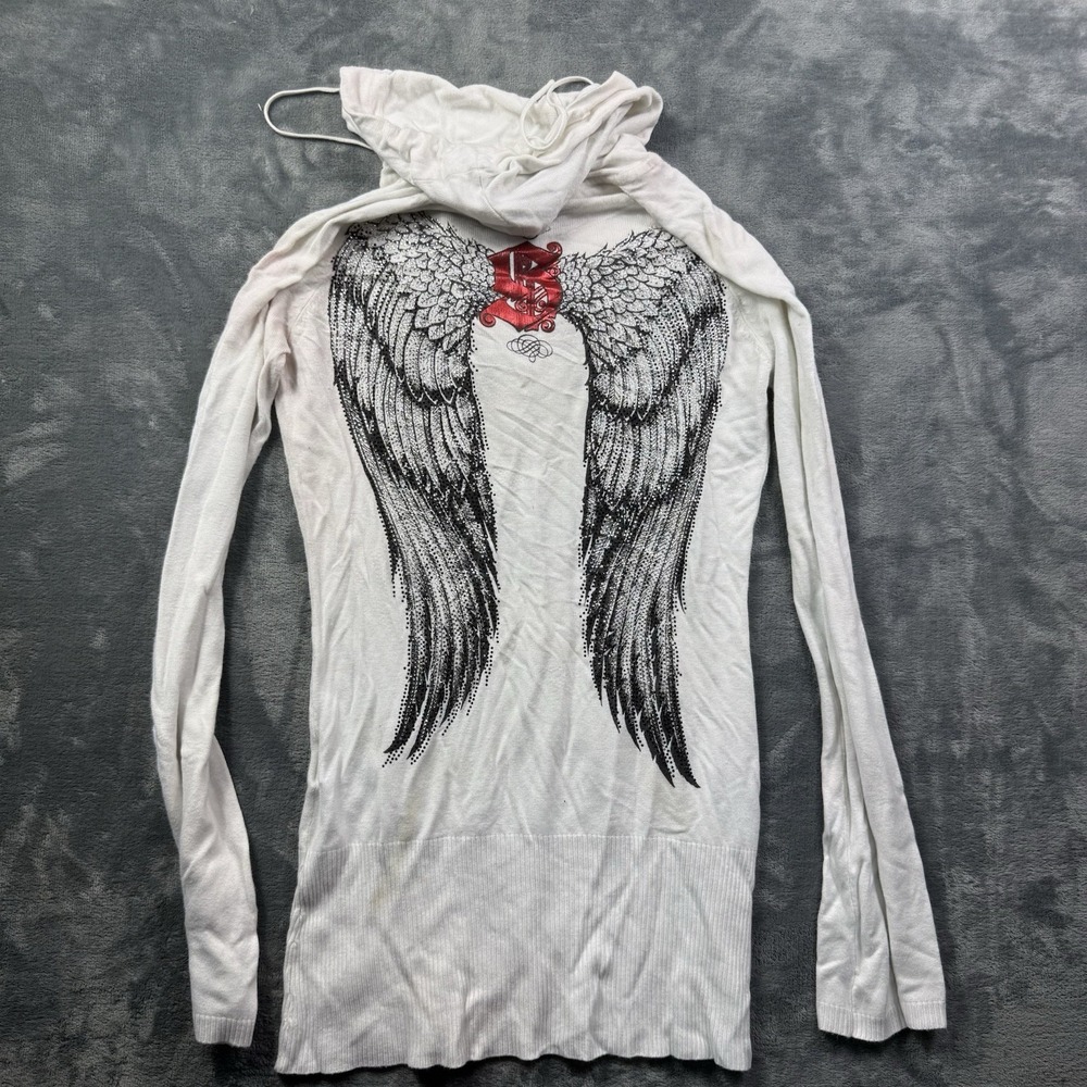 Sinful White Hooded Sweater Top Wings Graphic Y2K Goth Women's Medium